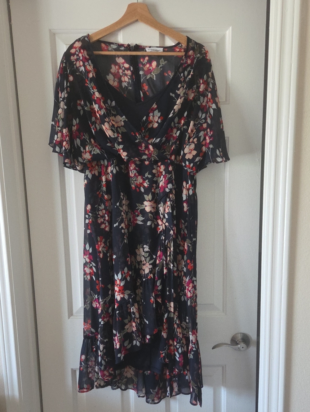 Calvin Klein Navy Chiffon Floral Faux Wrap Midi Dress Size 14